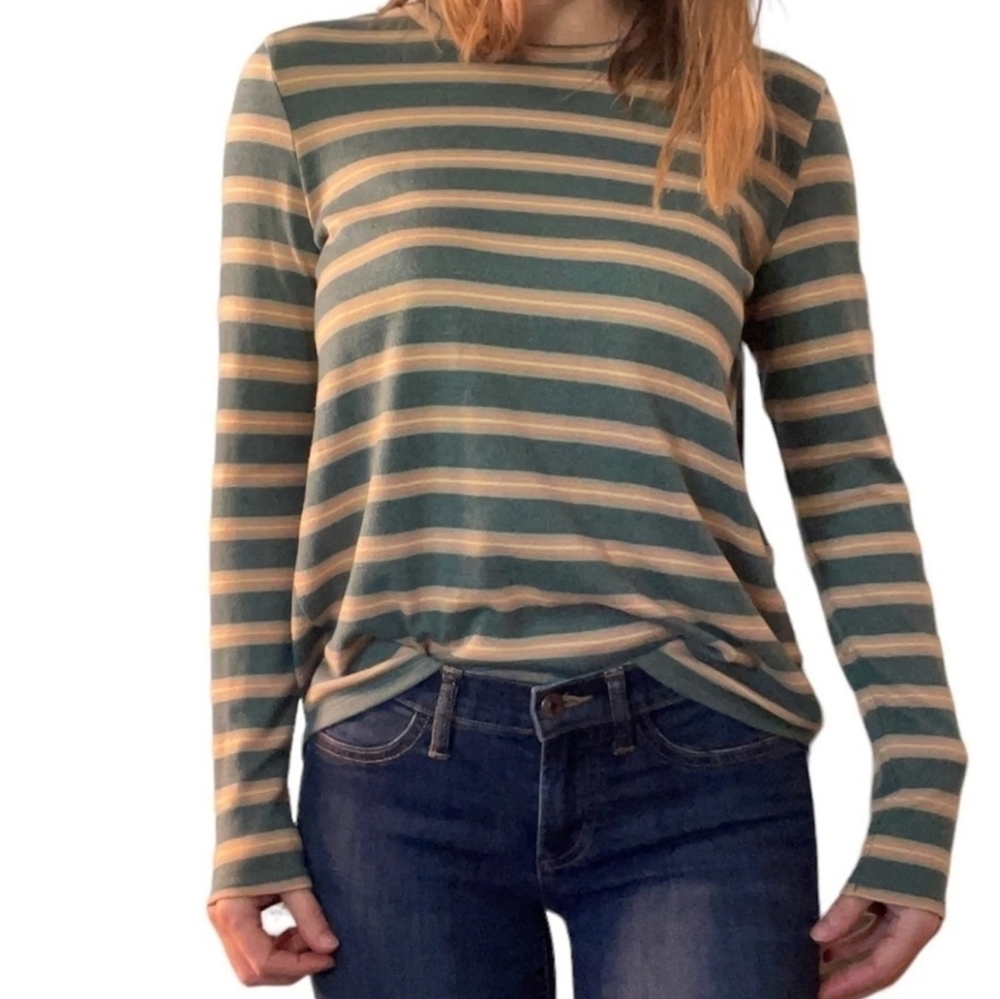 AMERICAN EAGLE OUTFITTERS Moss Green Striped Long Sleeve Crewneck Knit Top